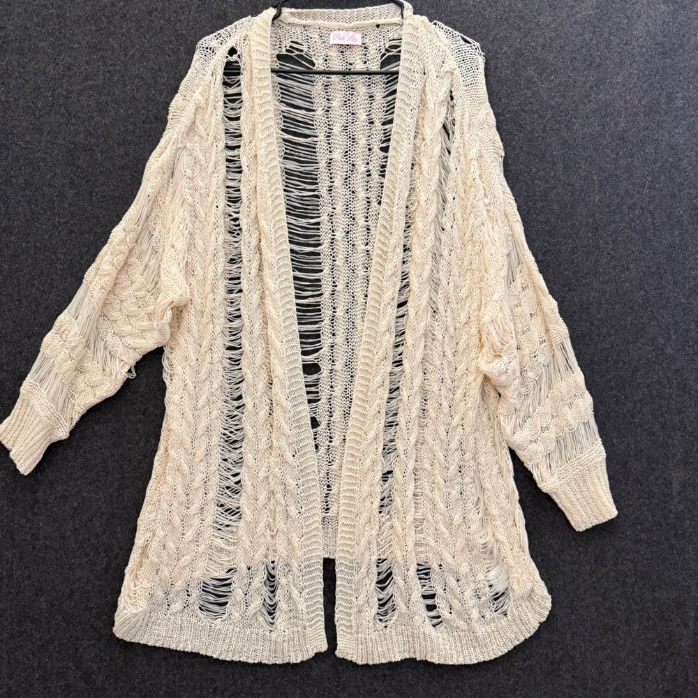 Distressed Cable Knit Cardigan Ivory Open Front Boho Sheer Western Cover Up L